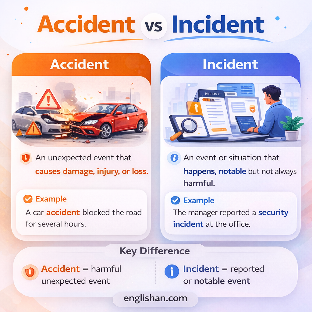 Accident vs incident difference with meaning and examples showing accident as an unplanned harmful event and incident as a notable event or occurrence.