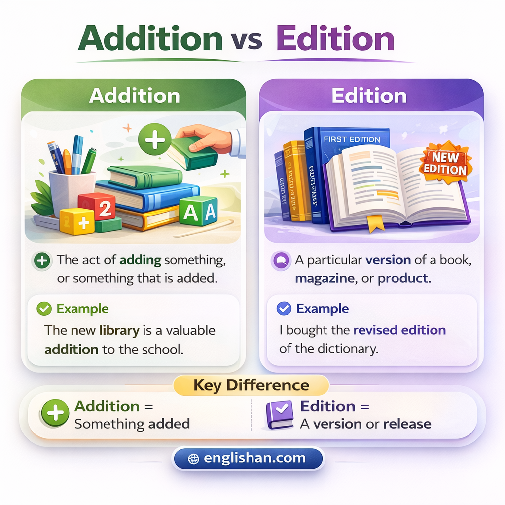 Addition vs edition difference with addition meaning something added and edition meaning a particular version of a book, product, or published work.