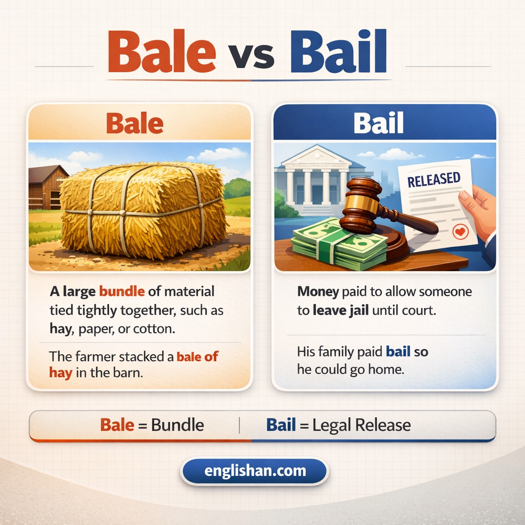 Bale vs bail difference showing bale as a bundle of material and bail as release from custody or the act of scooping water.