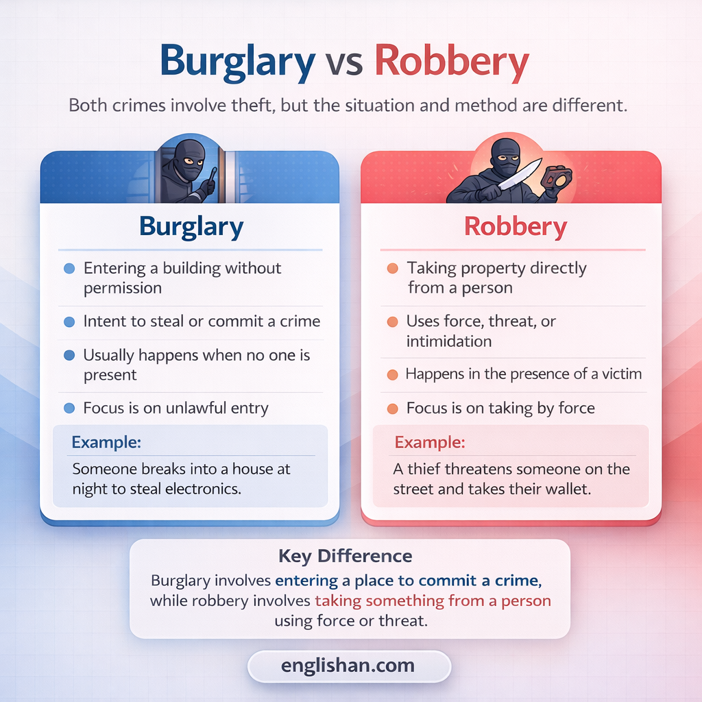 Burglary vs robbery comparison showing burglary as unlawful entry and robbery as theft involving force or threat.