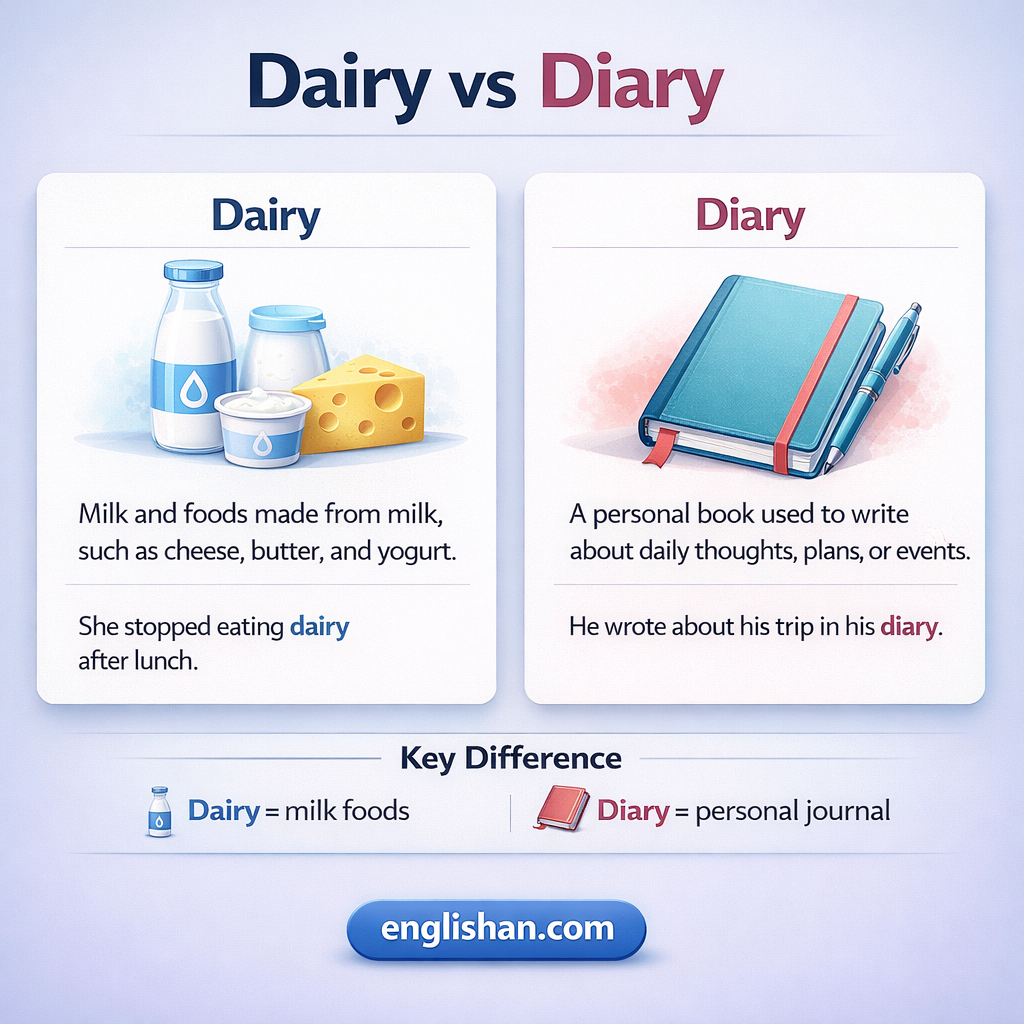 Dairy vs diary difference with meaning and examples showing dairy as milk food products and diary as a personal daily record.