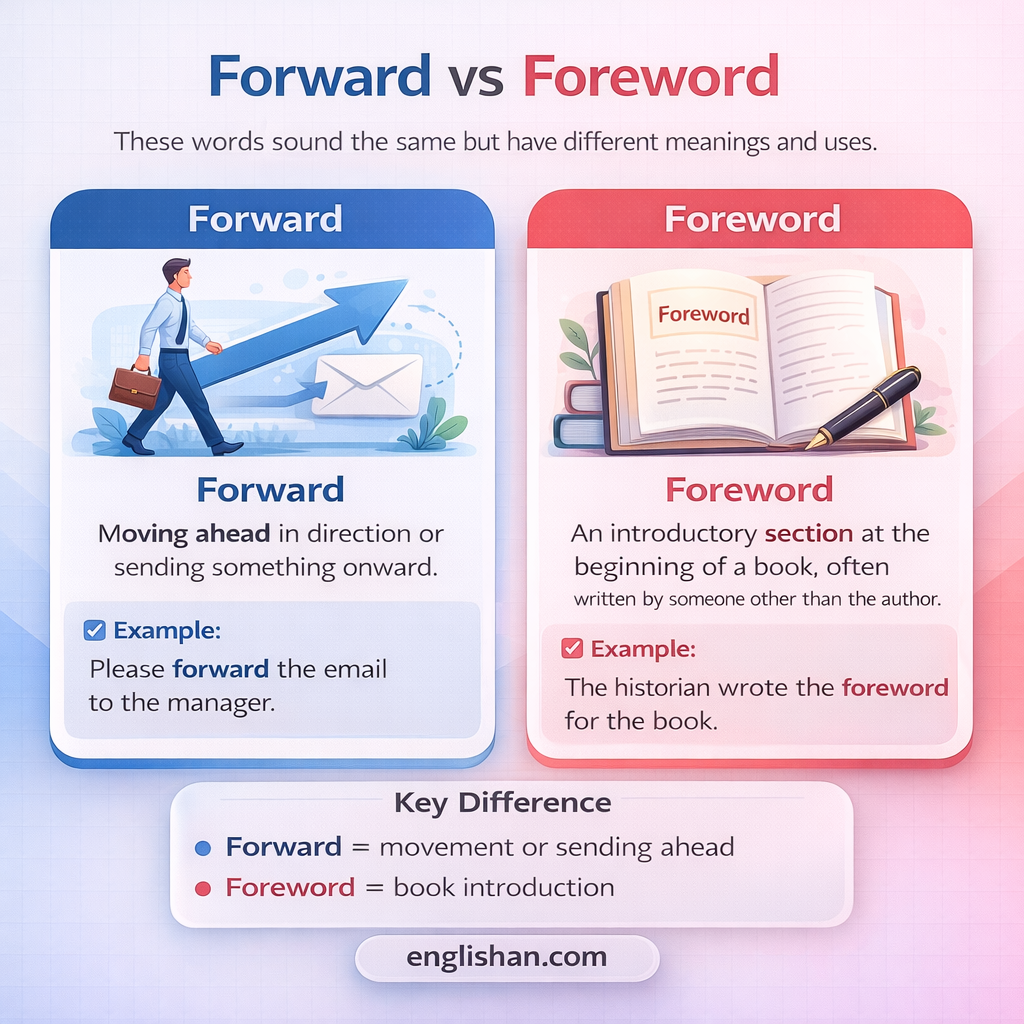 Foreword vs forward comparison showing foreword as a book introduction and forward as a direction or movement ahead.