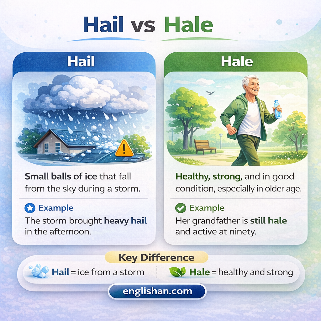 Hail vs hale difference with hail meaning ice pellets from a storm or to call out, and hale meaning healthy and strong.