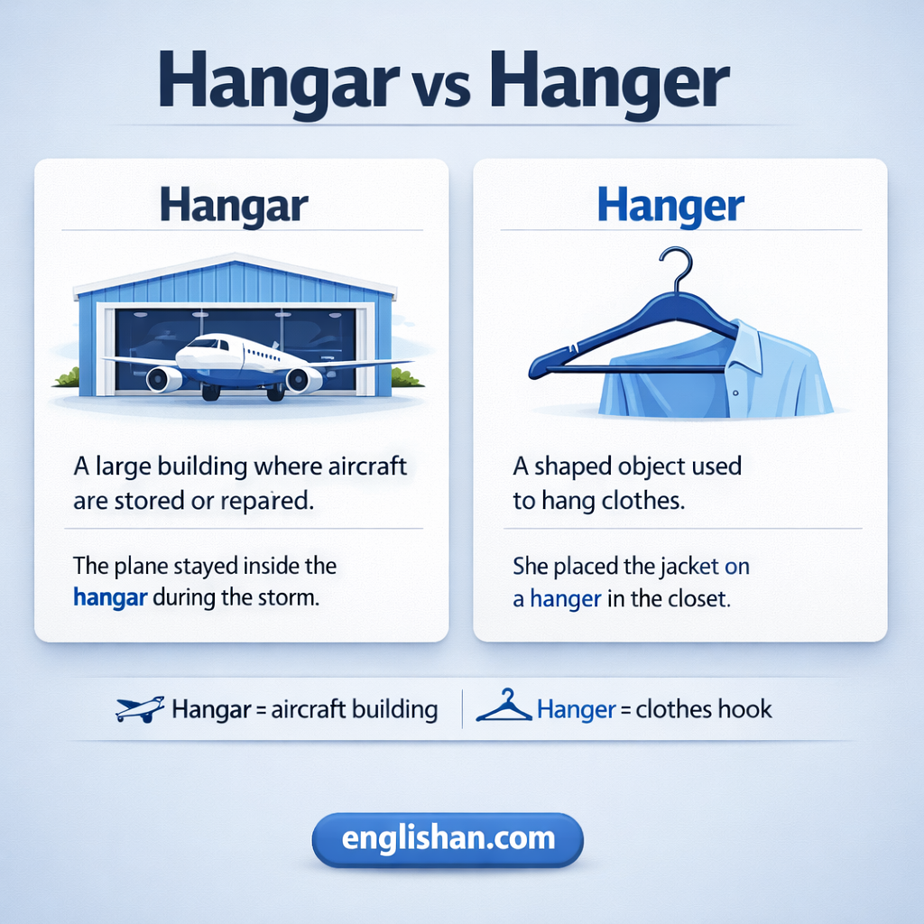Hangar vs hanger difference with hangar meaning a building for aircraft, and hanger meaning an item used to hang clothes.