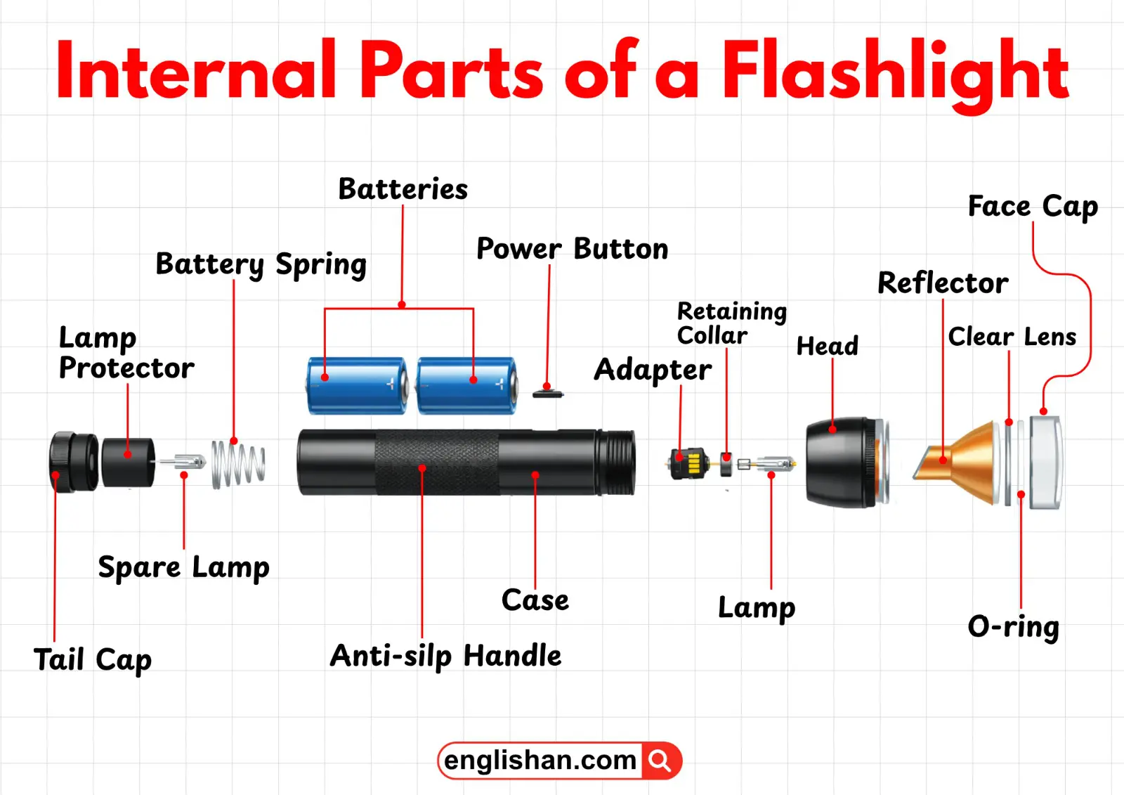 Internal parts of a flashlight neatly arranged and labeled