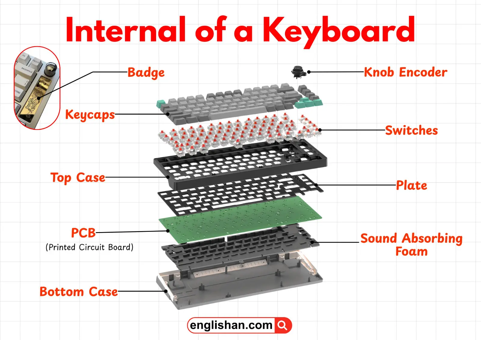Internal parts of a computer keyboard showing the membrane layers, rubber dome switches, circuit board, and connecting cable.