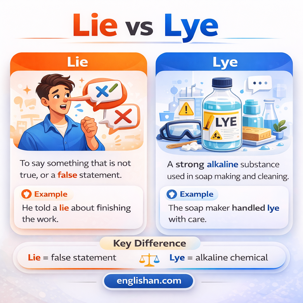 Lie vs lye difference with lie meaning to recline or tell something untrue, and lye meaning a strong alkaline substance.