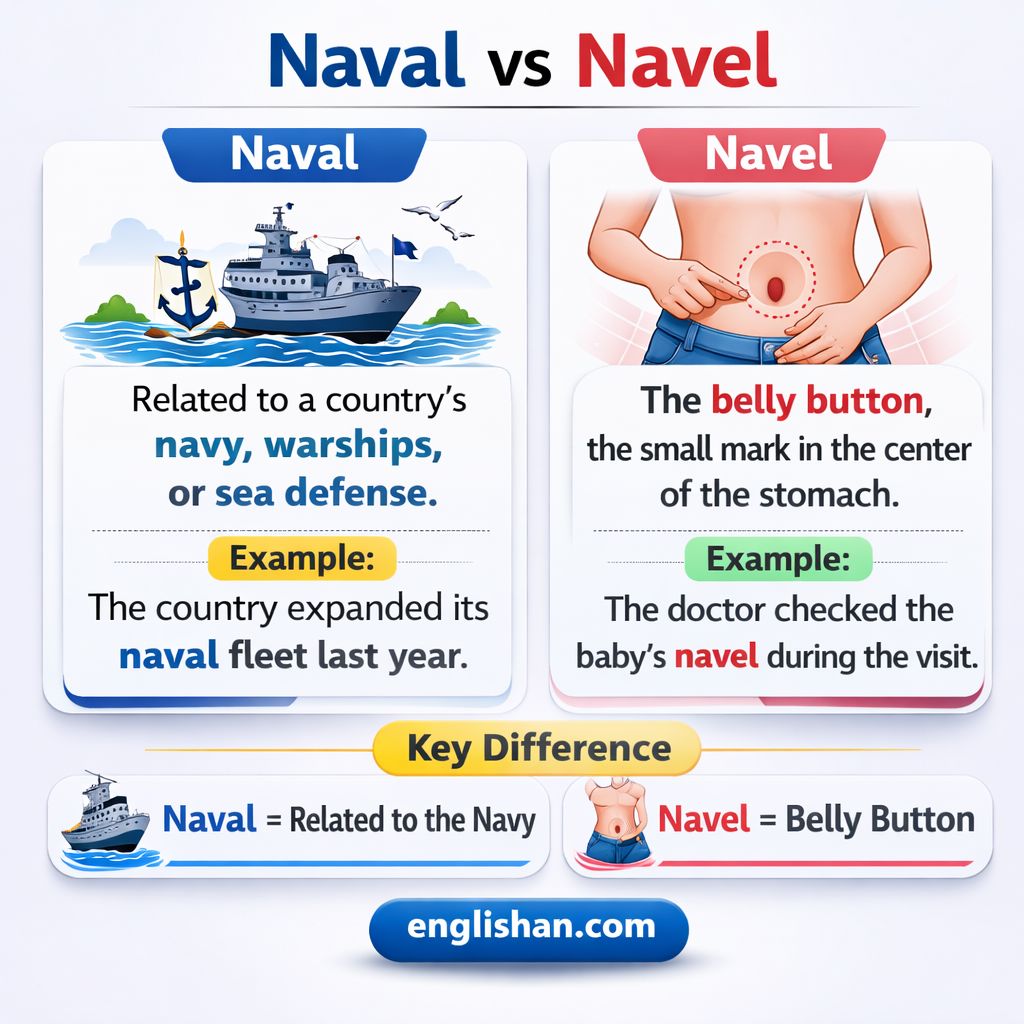 Naval vs navel difference with meaning and examples showing naval as related to the navy and navel as the belly button.