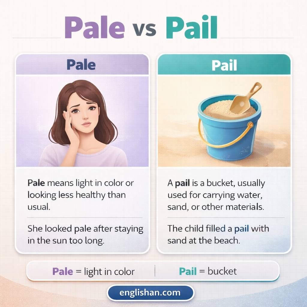 Pail vs pale difference with pail meaning a bucket and pale meaning light in color or lacking brightness.