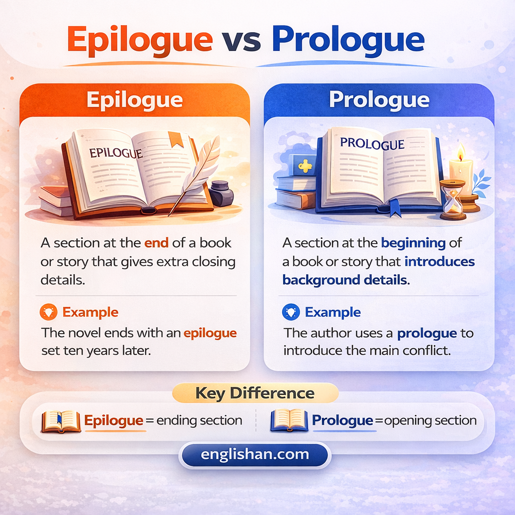 Prologue vs epilogue difference with prologue meaning the opening section of a book, and epilogue meaning the closing section at the end.
