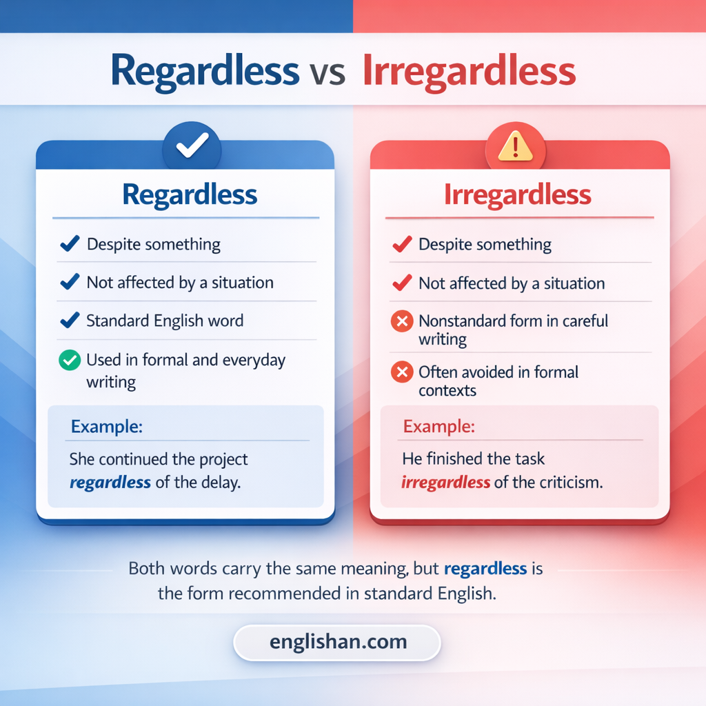 Regardless or irregardless comparison showing the correct word regardless and the debated form irregardless.