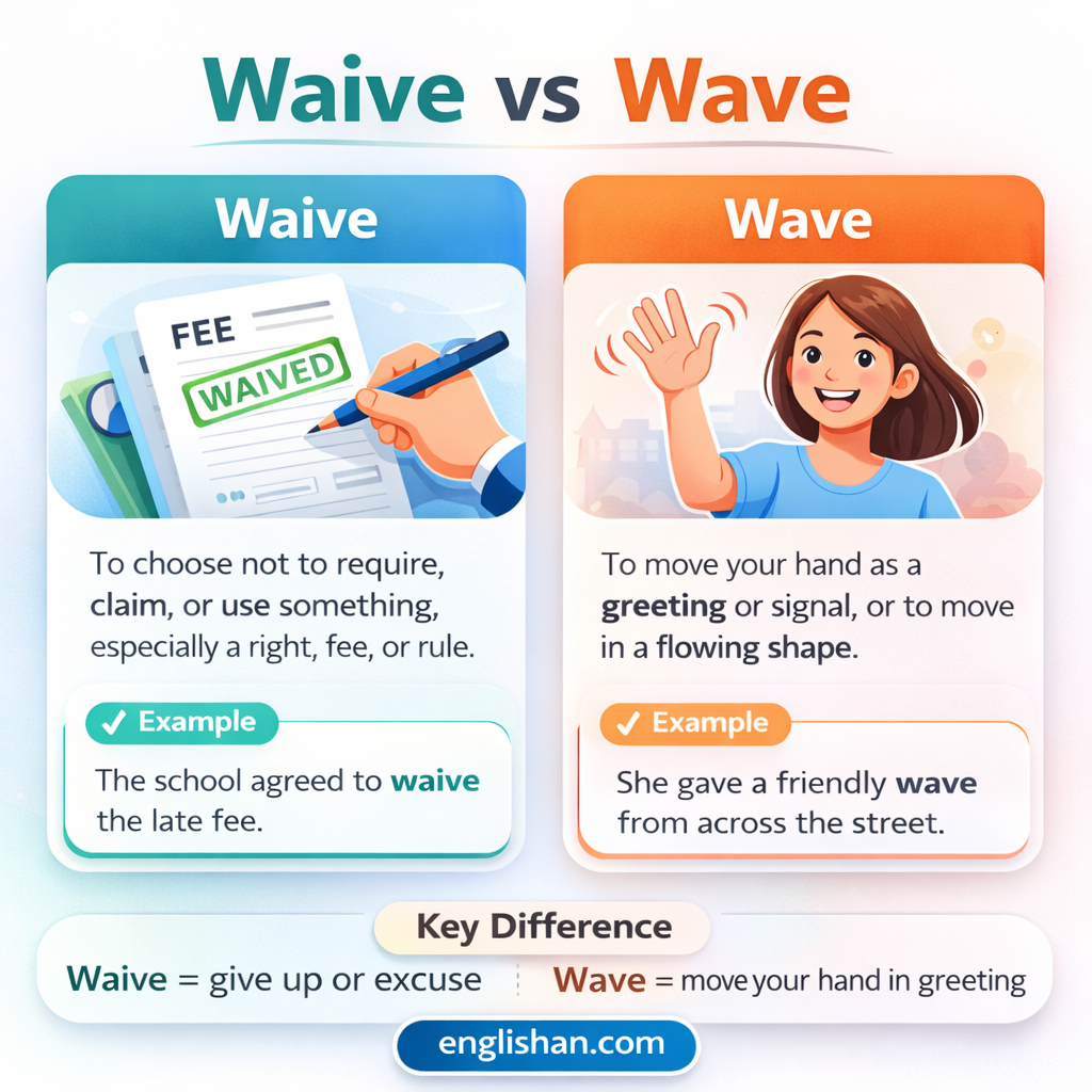 Waive vs wave difference with waive meaning to give up a right and wave meaning to move a hand or rise and fall.