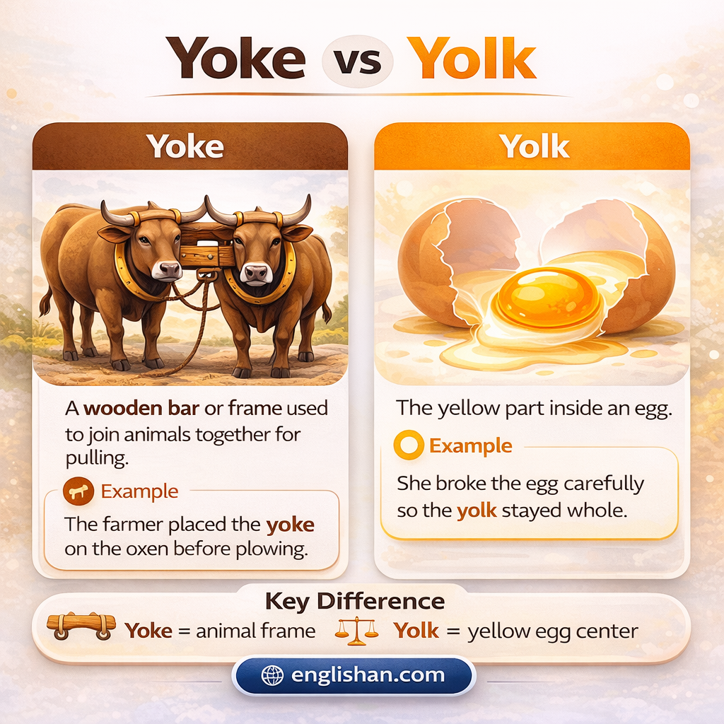 Yoke vs yolk difference with yoke meaning a wooden bar or burden, and yolk meaning the yellow part of an egg.