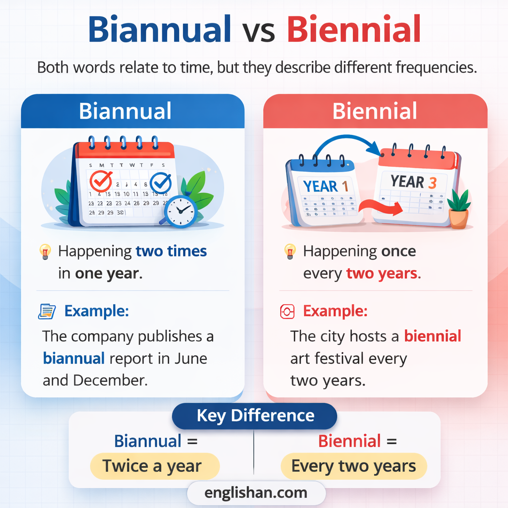 Biannual vs biennial comparison showing biannual as twice a year and biennial as once every two years.