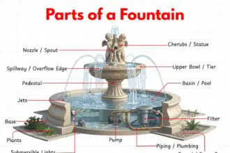 Labeled diagram showing the main parts of a fountain.