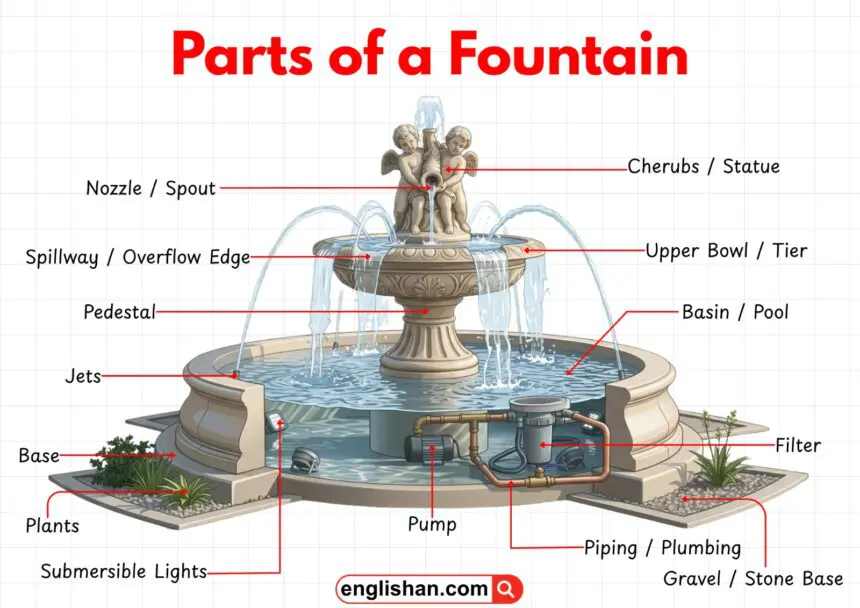 Labeled diagram showing the main parts of a fountain.