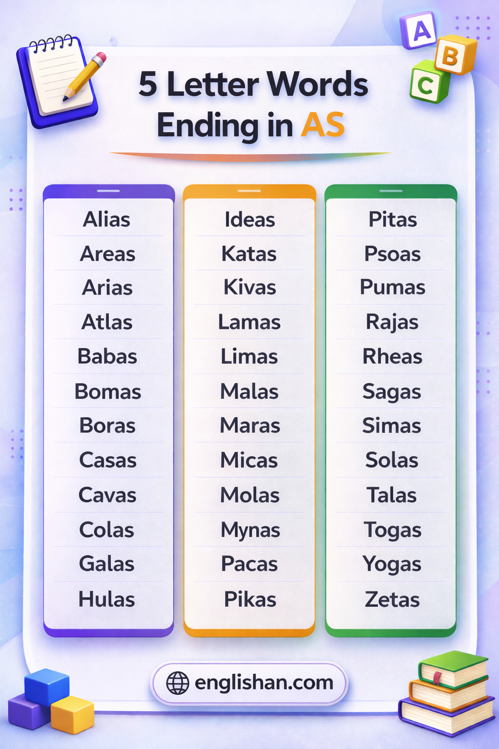 5 letter words ending in as, with words like alias, areas, and atlas.
