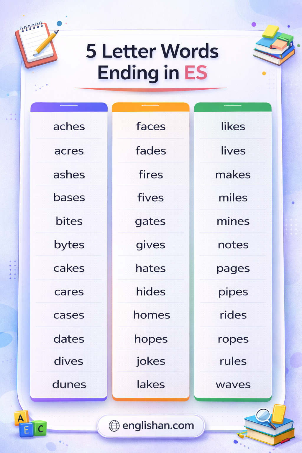 5 letter words ending in es such as times, lines, makes and takes.