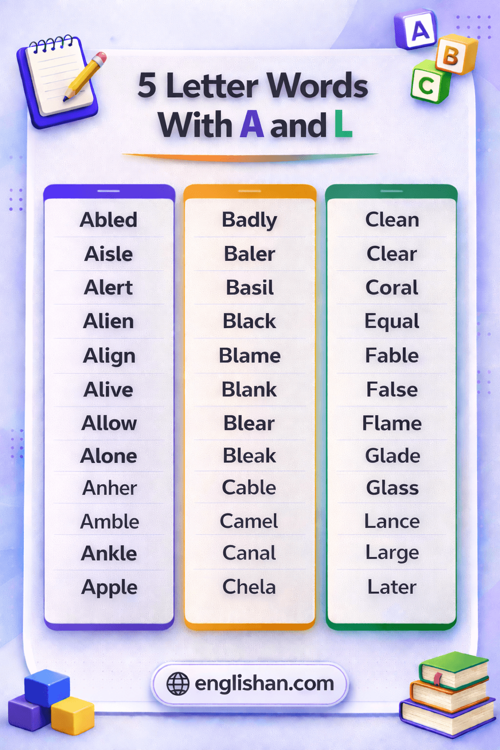 5 letter words with A and L word list with words like black, place, shall and learn.