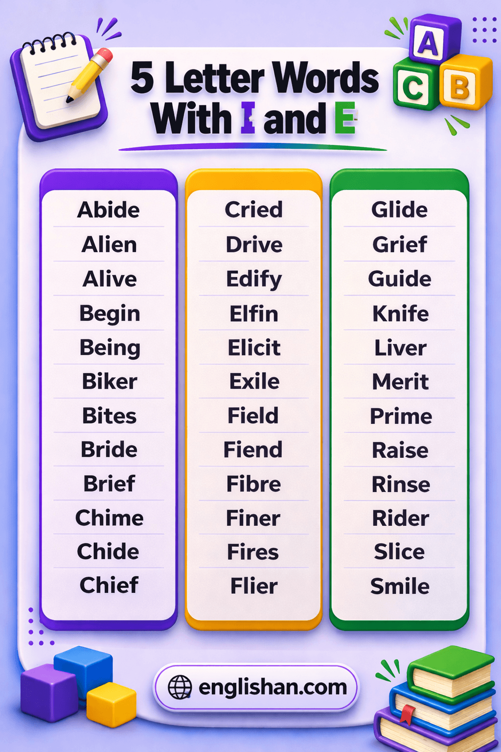 5 letter words with i and e such as field, price, smile and their.
