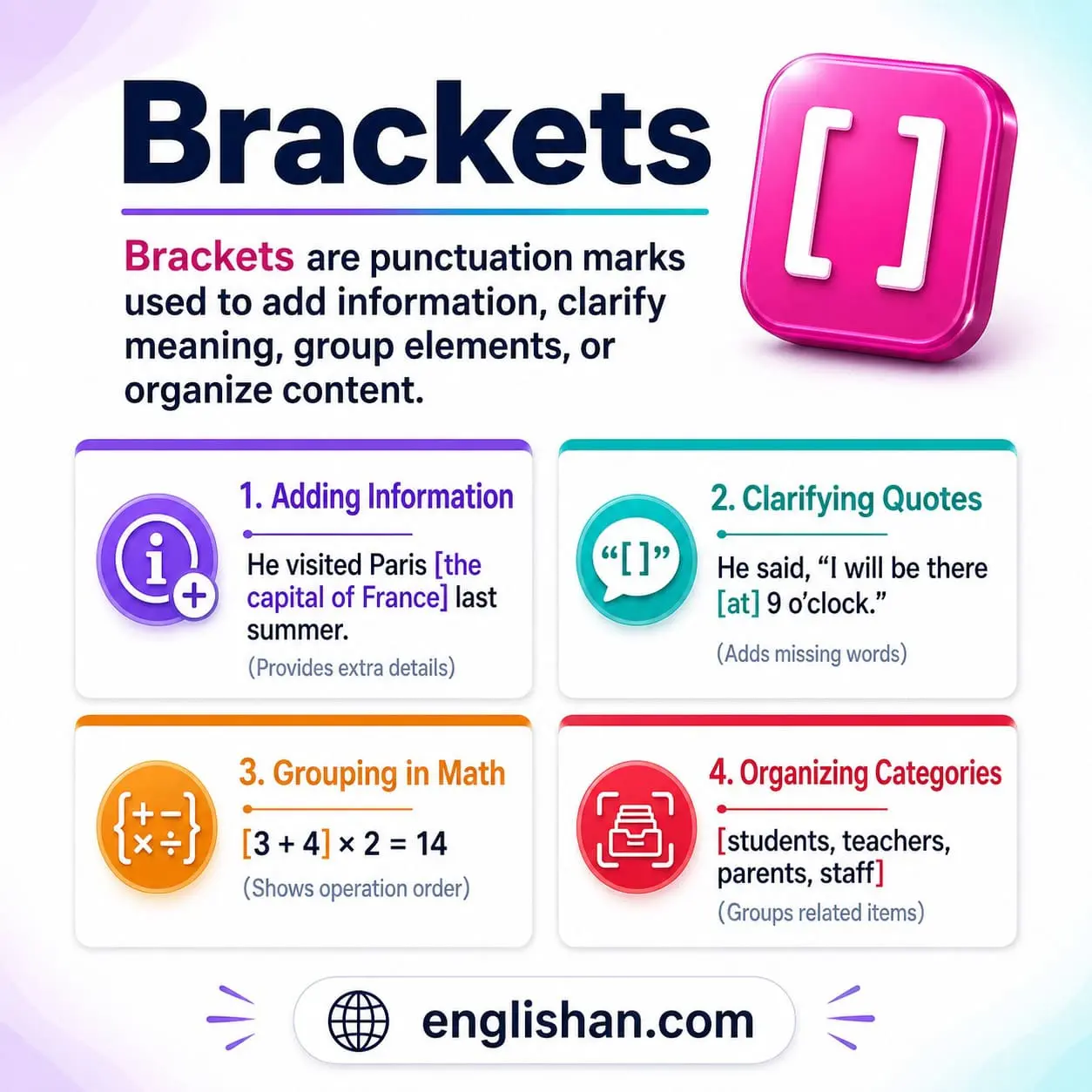 Round, square, and curly brackets shown with brief examples of use in sentences.