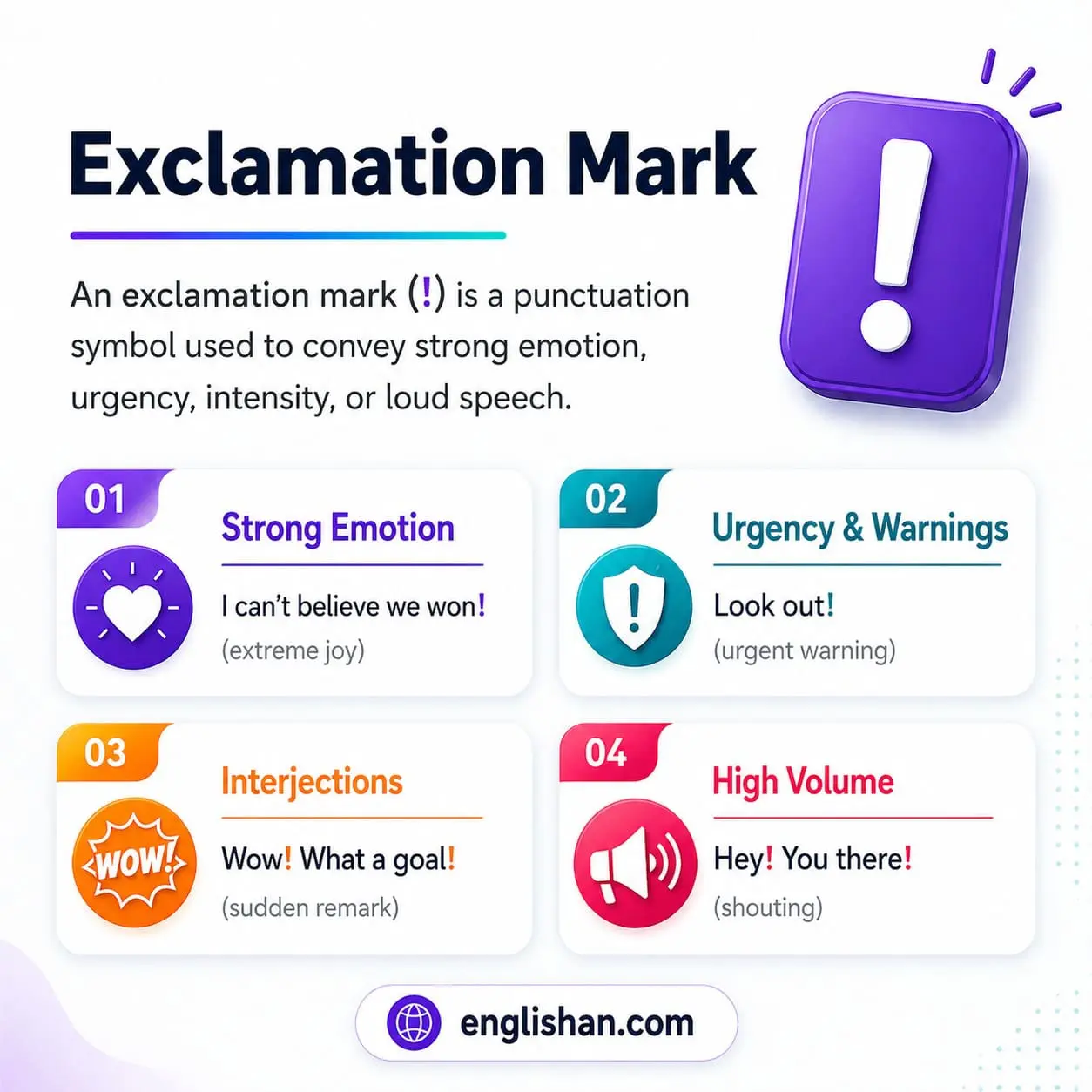 Exclamation mark in English with simple usage rules and examples.
