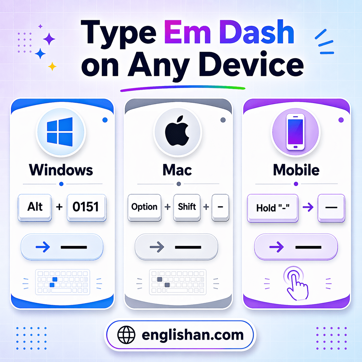 How to type an em dash on Windows, Mac, iPhone, Android, and in Microsoft Word and Google Docs with keyboard shortcuts.