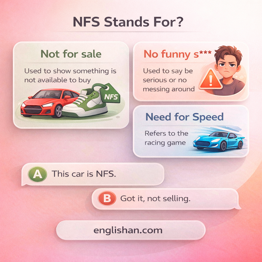NFS meaning in text, where NFS can mean Not for Sale or No Funny Stuff in text messages and online chat.