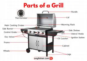 Parts of a grill with labelled diagram showing all components