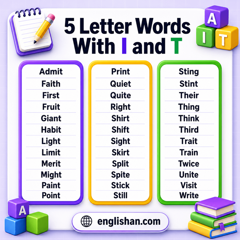 5 letter words with I and T such as unite, write, white, fruit, quiet, twist, title, visit, light, and night