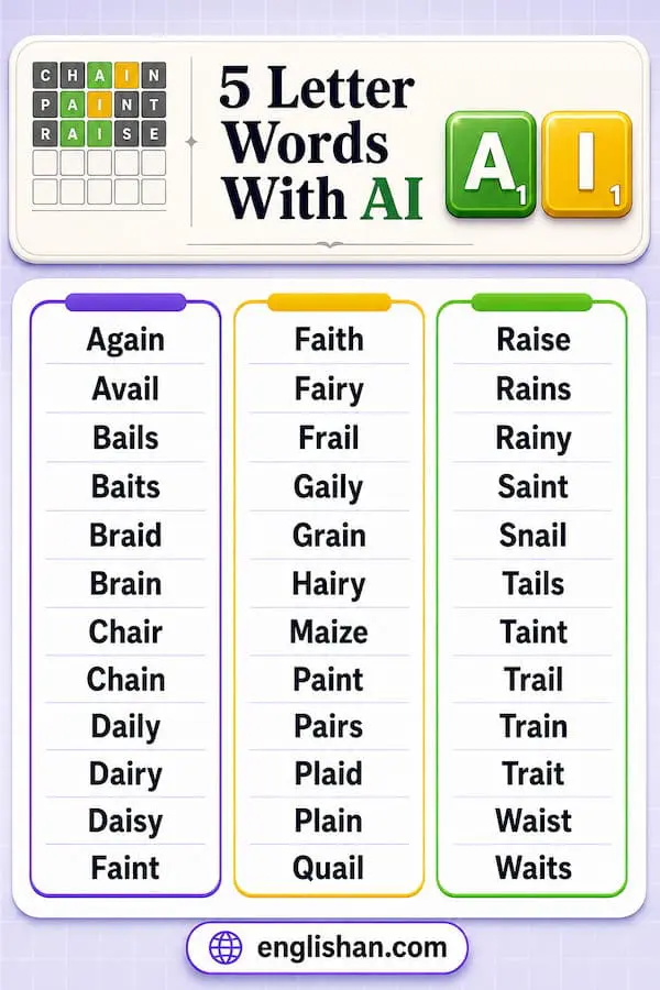 Five-letter words with AI including rain, train, brain, snail, trail, and quail