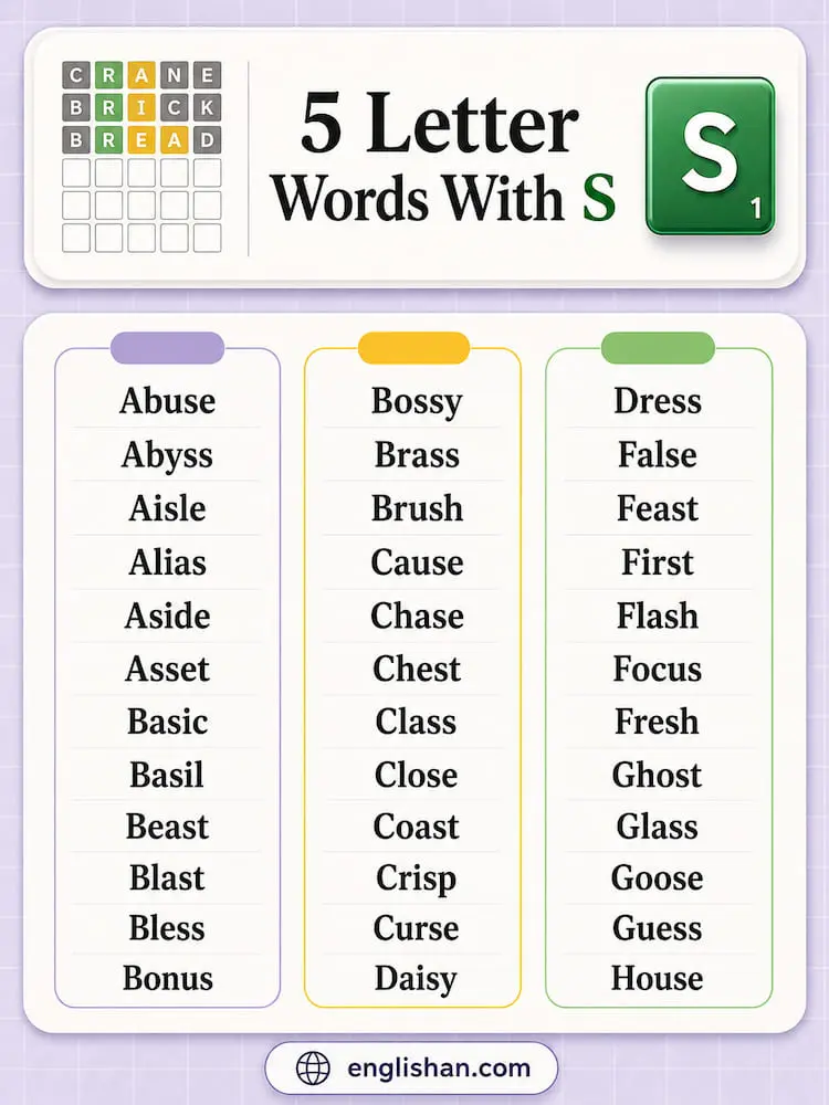 5 letter words with S such as stone, smile, sugar, and horse.