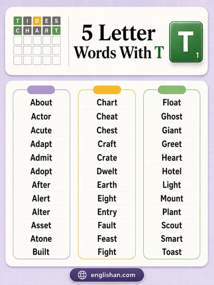 5 letter words with T such as table, train, stone, and heart.