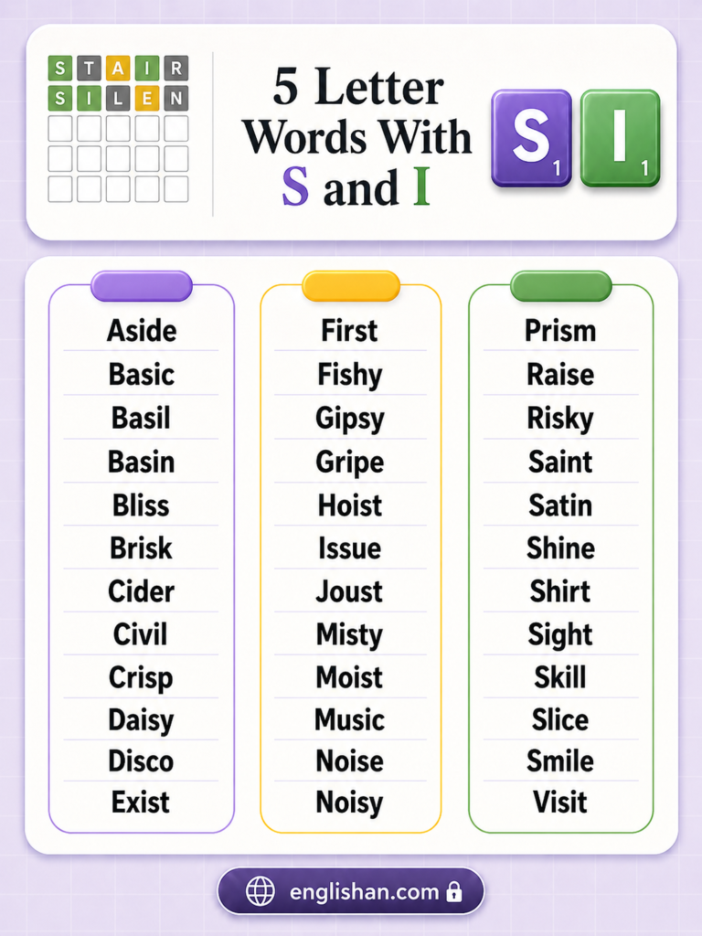 5 Letter Words with S and I such as SINCE, BASIC, VISIT, and SMILE.