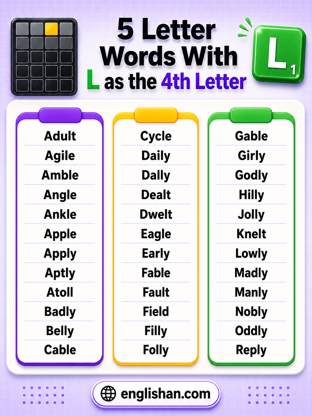 Adult, apple, eagle, table, title, and uncle as five letter words with L in the fourth slot.