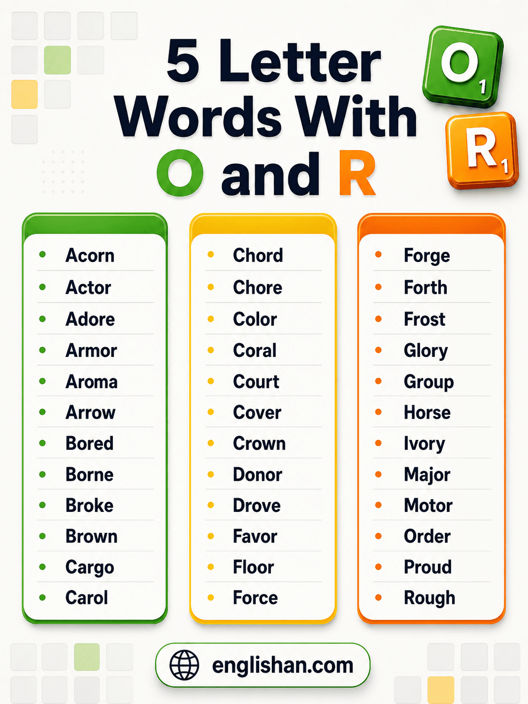 Five letter words with O and E for Wordle puzzle clues.