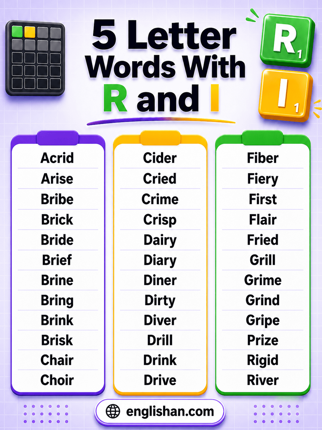 Five letter Wordle words with R and I such as bring, drink, grind, brick, drive, and prior.