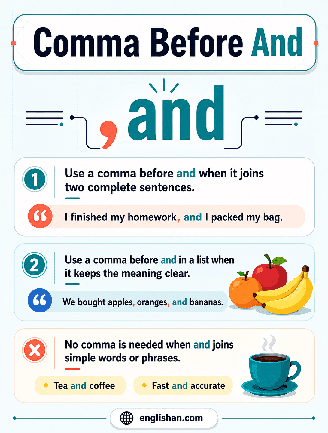 Comma before and explained with Oxford comma and compound sentence examples