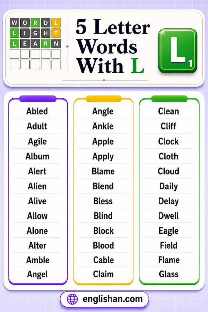 5 letter words with L such as light, plant, apple, and cloud.