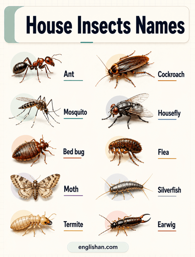 House insects names with cockroach, ant, fly, mosquito, termite, and bed bug.