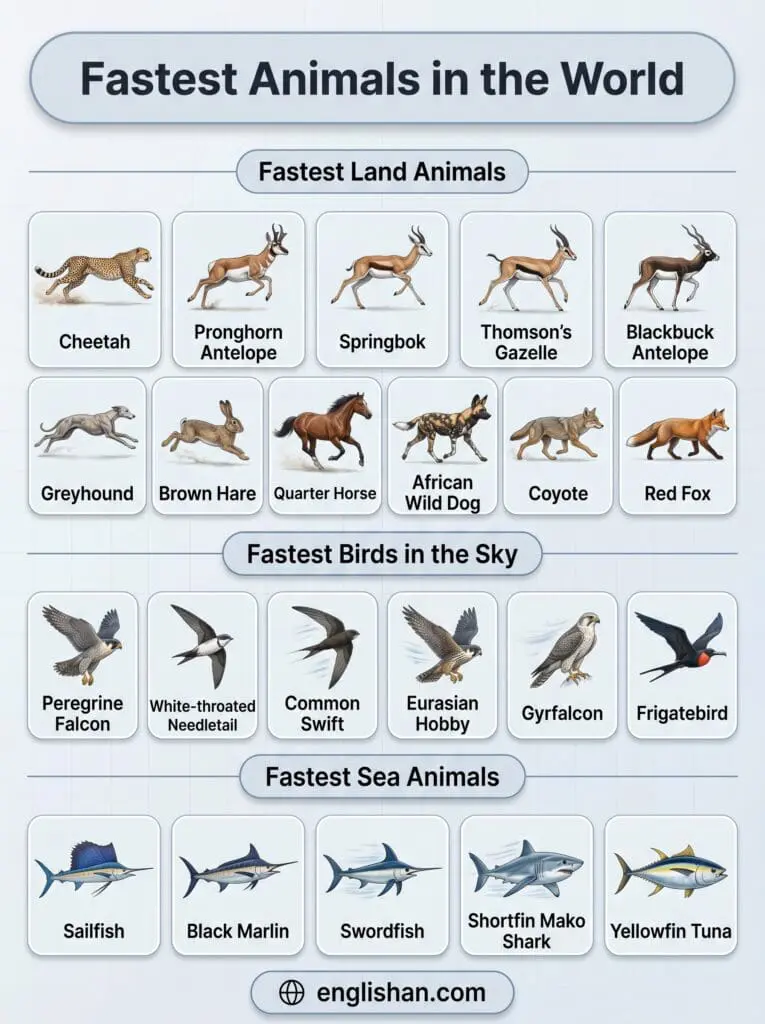 Types of the fastest animals in the world including cheetah, eagle, sailfish, and pronghorn
