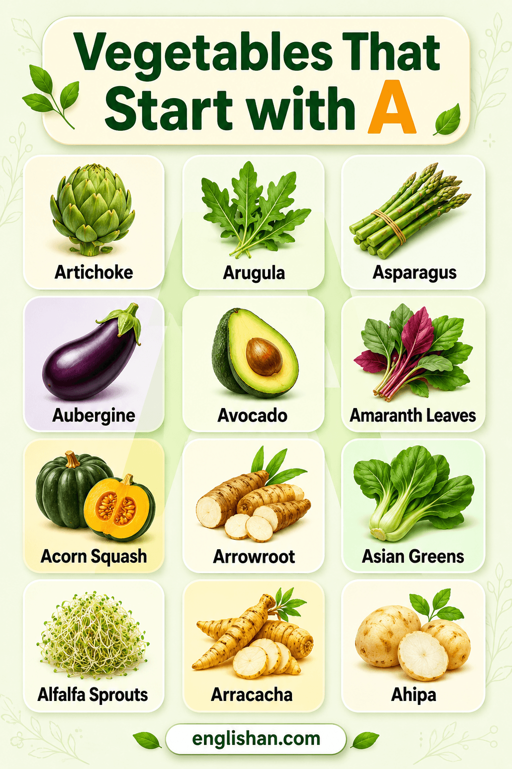 Vegetables that start with A shown with names and pictures of artichoke, asparagus, arugula, aubergine, and acorn squash.