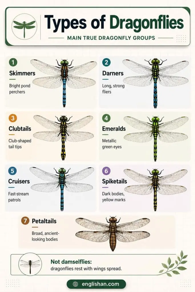 Types of dragonflies showing blue dasher, common green darner, twelve-spotted skimmer, eastern pondhawk, and flame skimmer