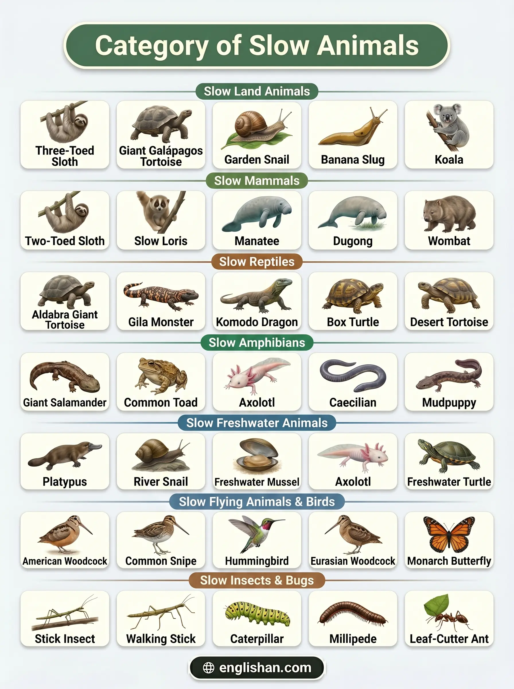 Slow Animals Names by Category showing sloth, giant tortoise, snail, seahorse, and sea anemone across land, forest, and ocean habitats