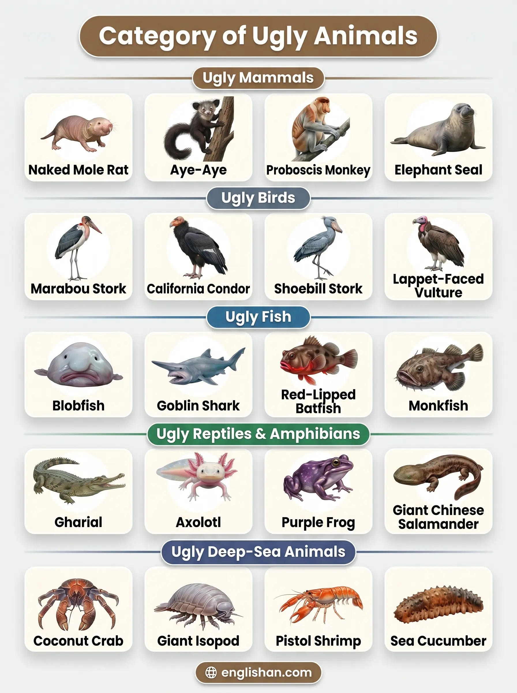 Ugly Animals Names by Category showing Blobfish, Shoebill Stork, and Naked Mole Rat species