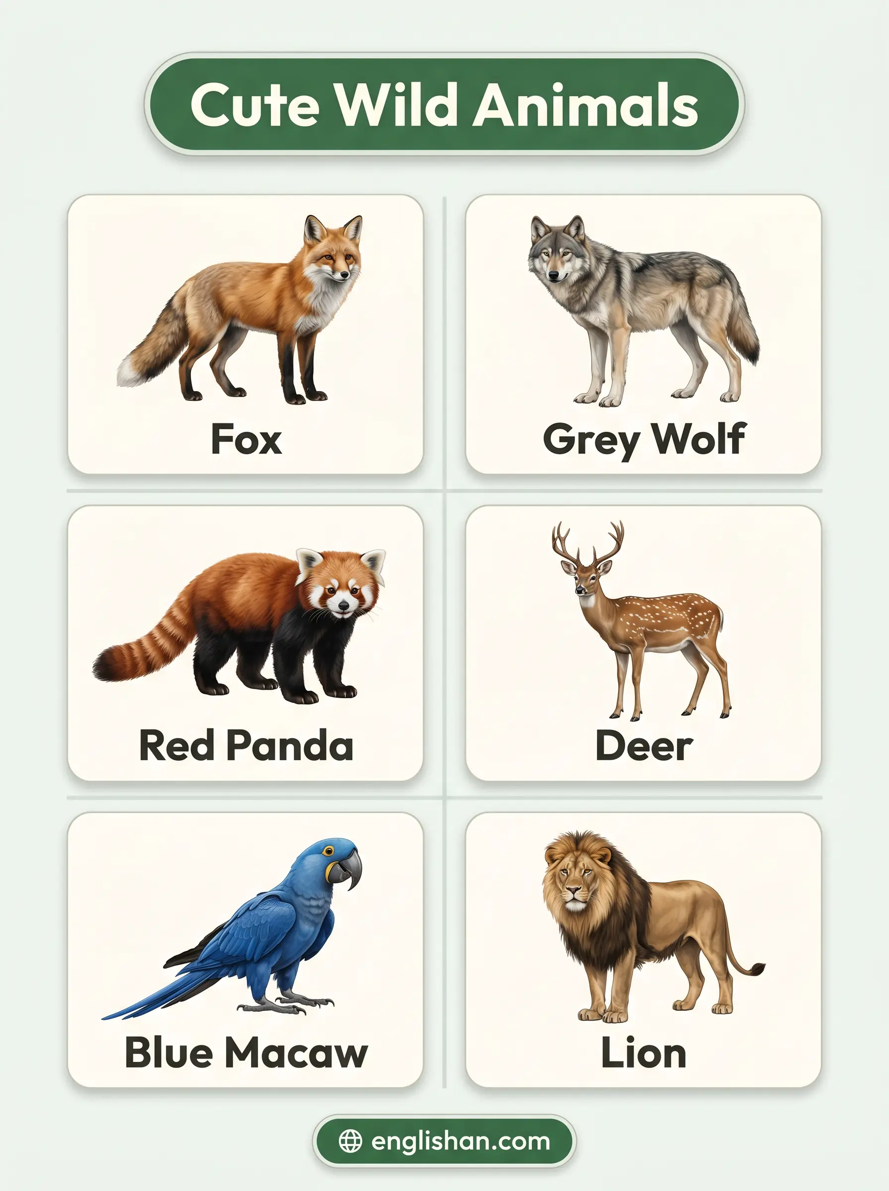 Cute wild animal names featuring fox, red panda, quokka, deer, grey wolf, panda, koala, and arctic fox in natural habitats