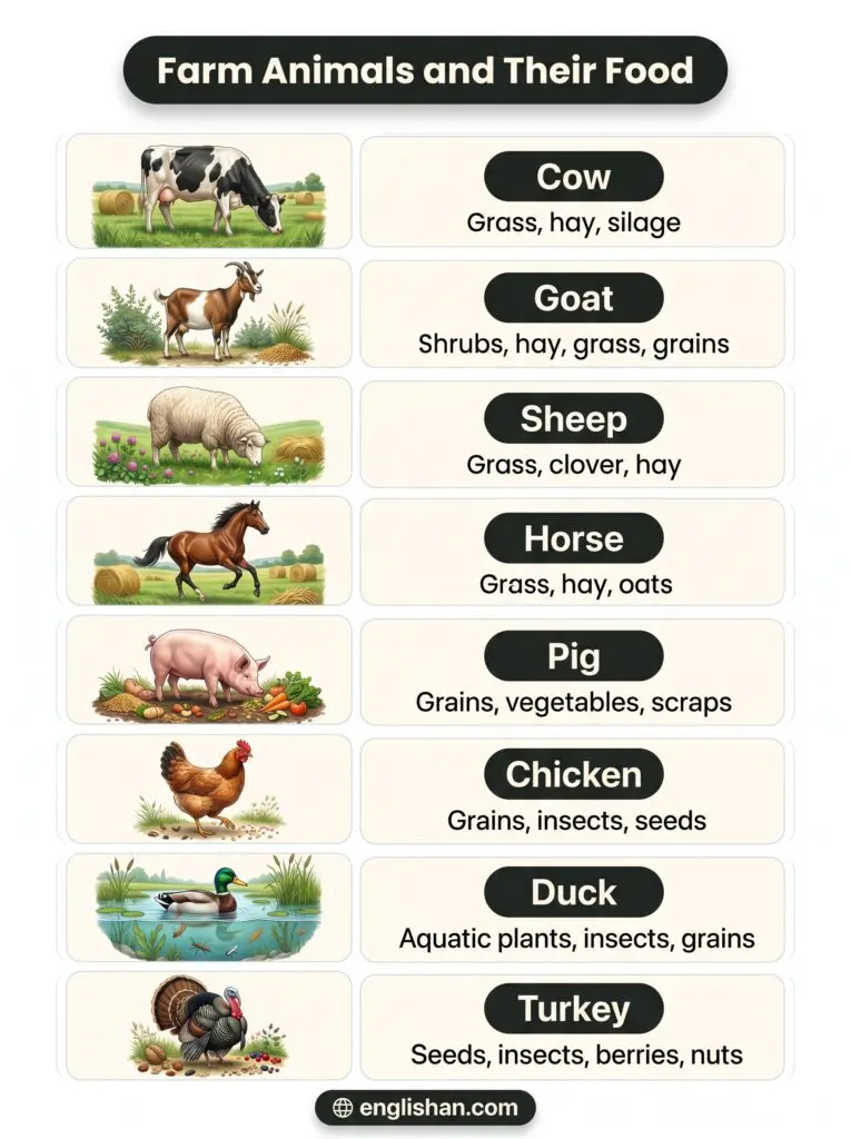 Farm animals and their food including cow, horse, goat, sheep, and chicken