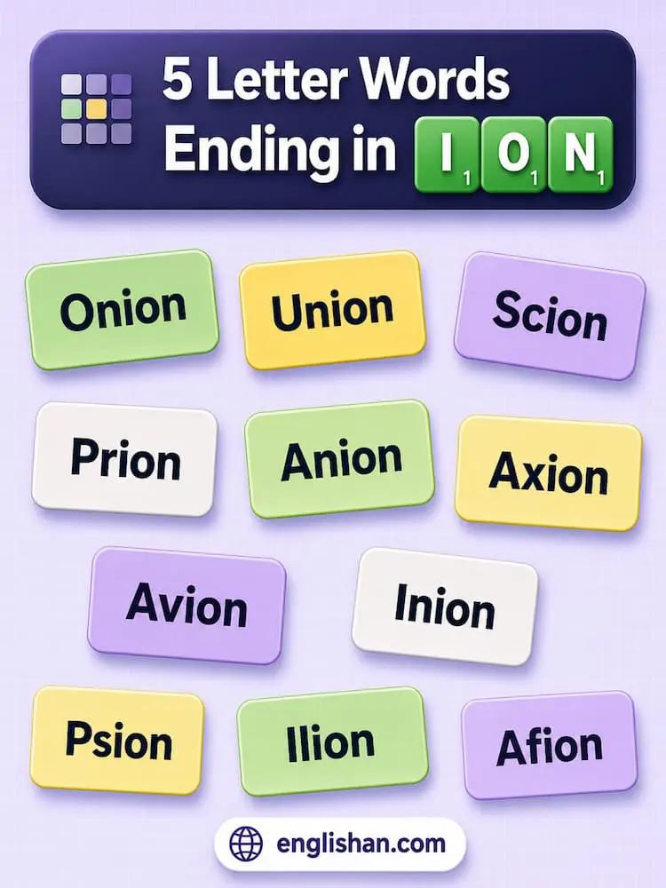 5 Letter Words Ending in ION such as UNION, ONION, ANION, and AXION for Wordle.