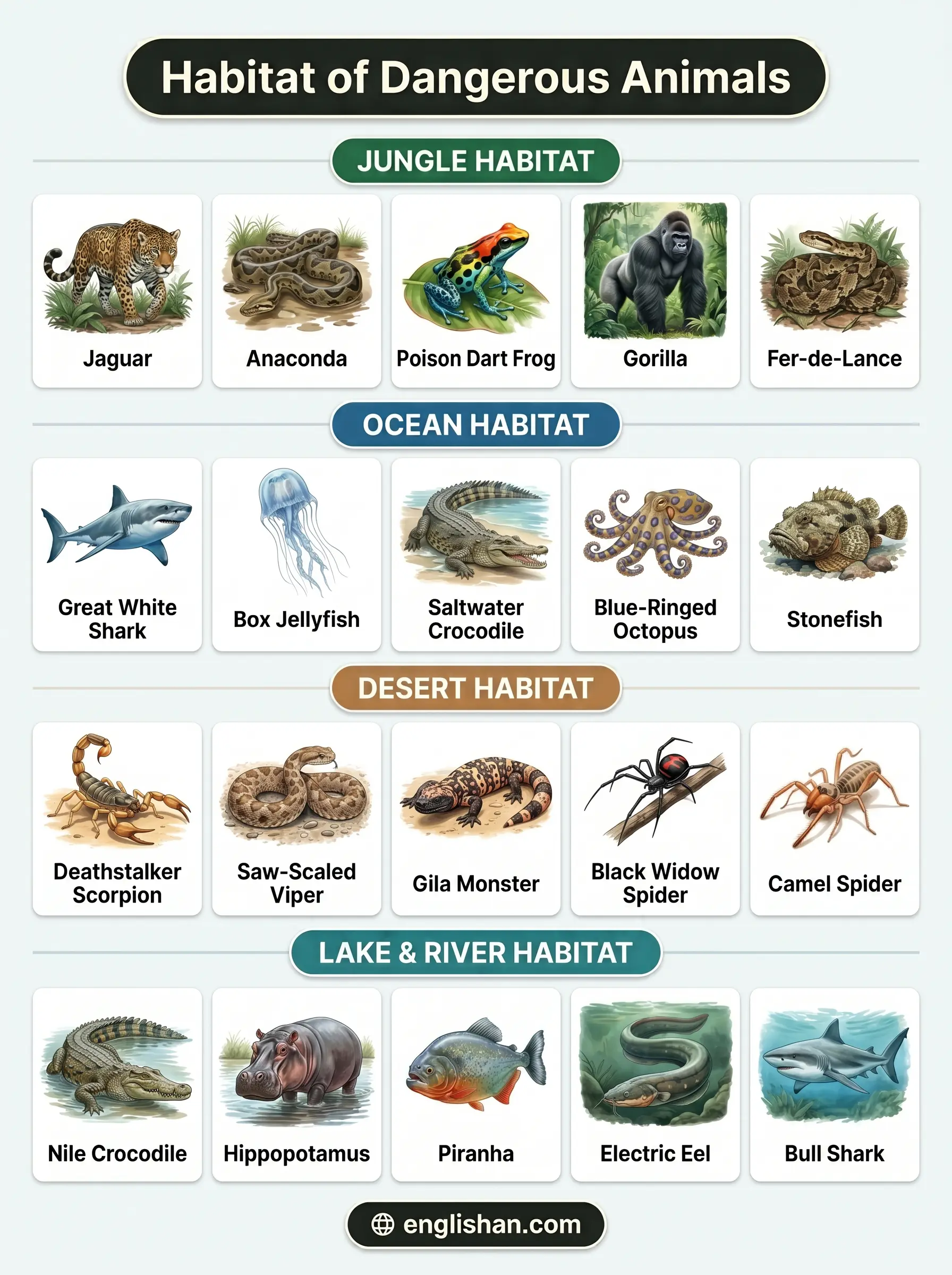 Habitat of dangerous animals across forest, desert, ocean, and jungle regions showing lion tiger shark and king cobra