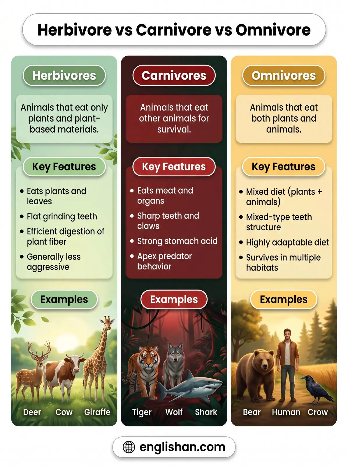 Herbivores vs carnivores vs omnivores comparison with cow, lion, bear, and elephant